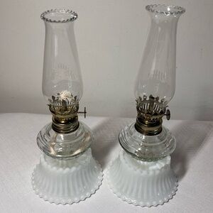 miniature antique milk glass and clear glass oil lamp with a ruffled edge